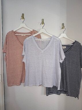 BUNDLE of 3 - 100% Linen Haven Well Within Striped V-Neck Tee - XL/XXL